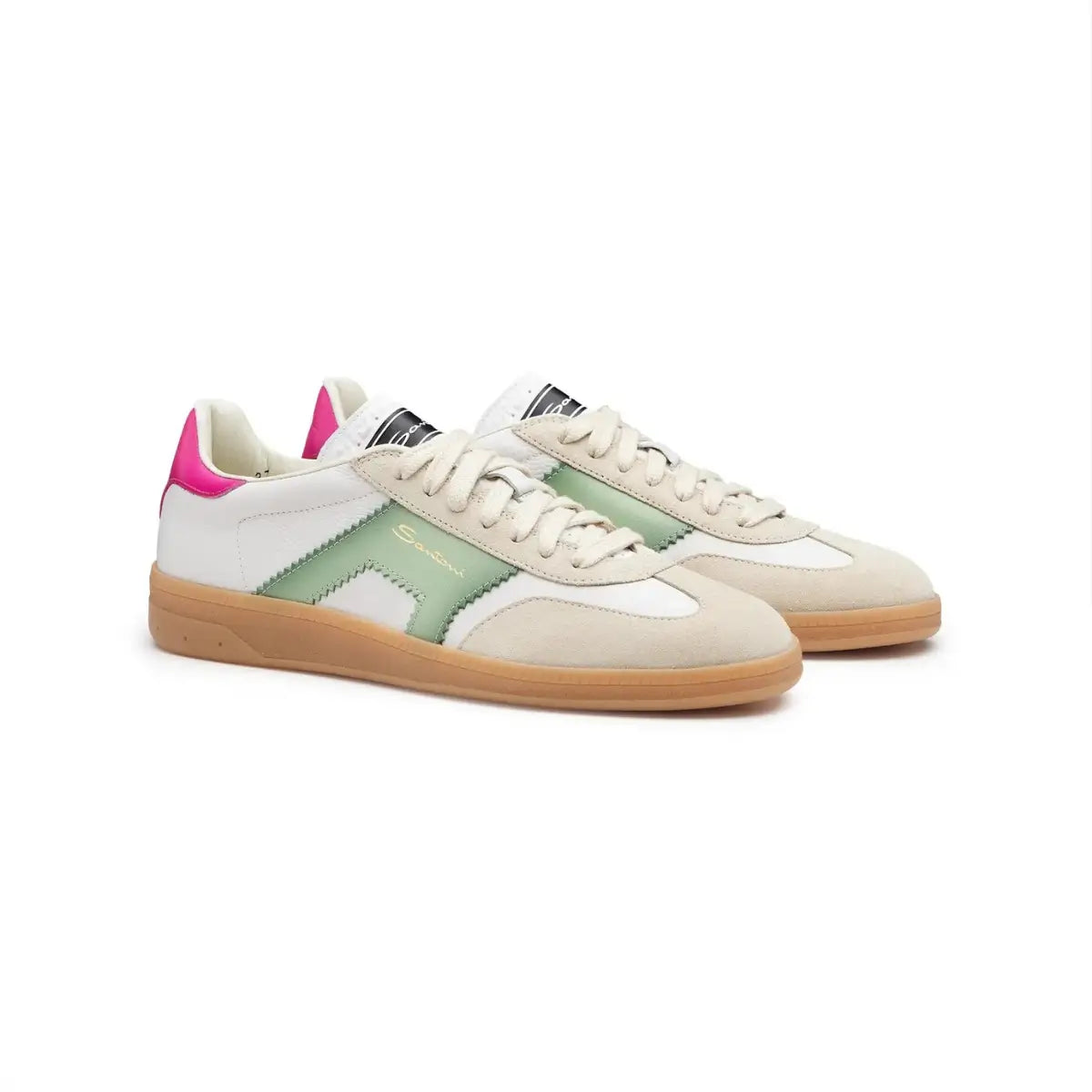 Santoni Women's white, green and pink leather and suede DBS Oly sneaker