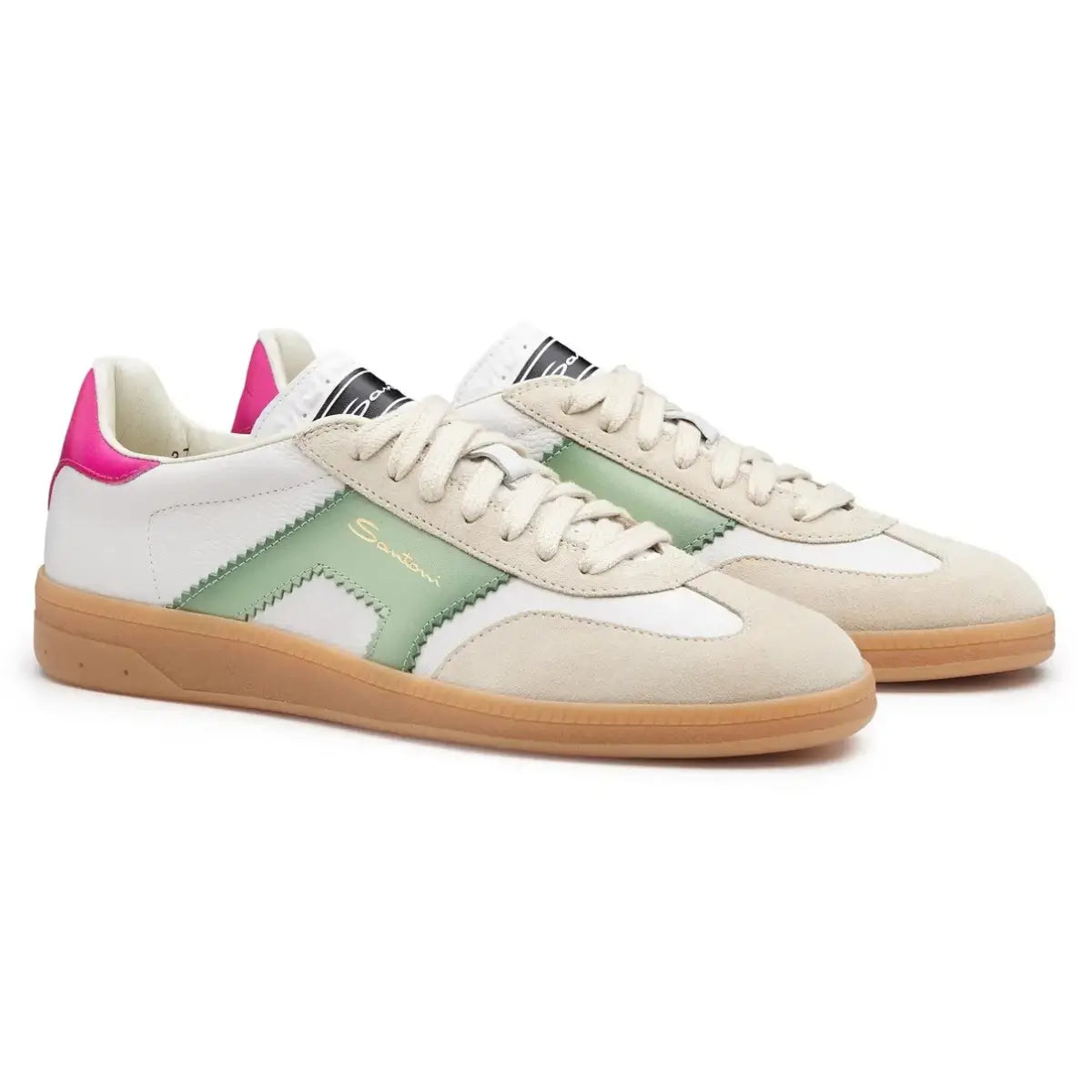 Santoni Women's white, green and pink leather and suede DBS Oly sneaker