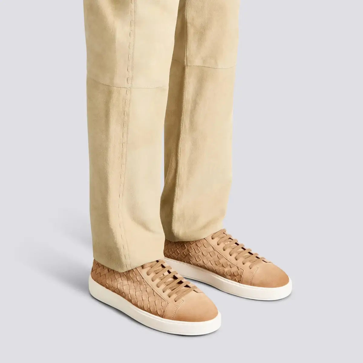 Santoni Men's beige woven suede sneaker