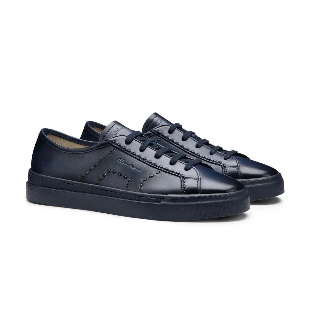 Santoni Men's blue leather Double Buckle Sneaker
