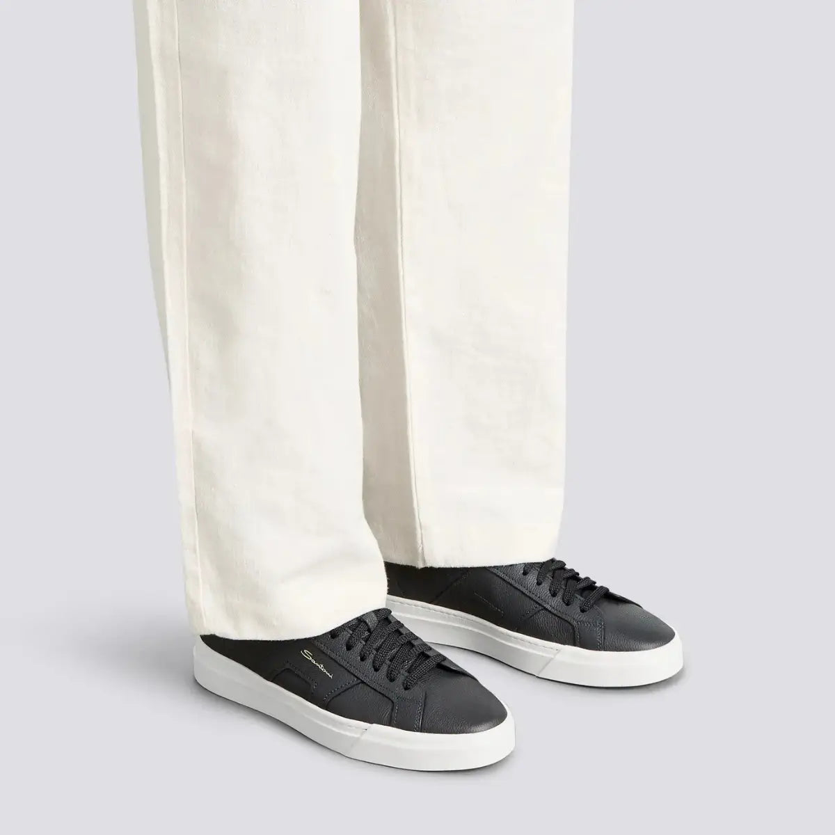 Santoni Men's blue tumbled leather double buckle sneaker