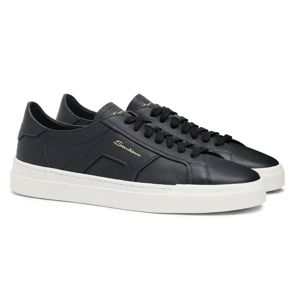 Santoni Men's blue tumbled leather double buckle sneaker