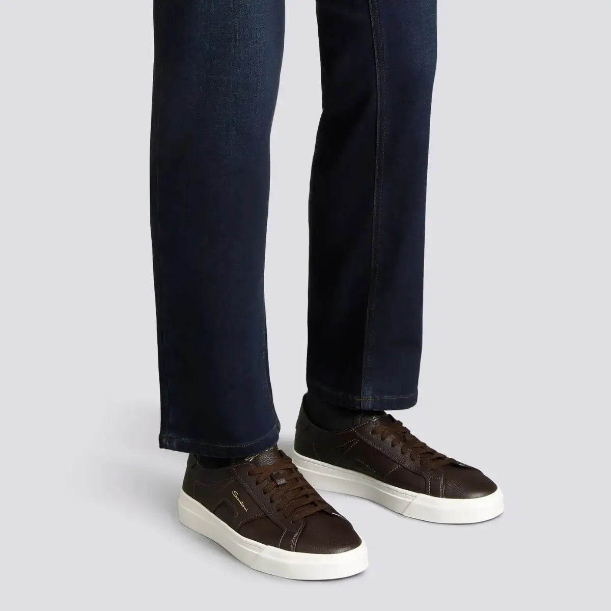 Santoni Men's dark brown tumbled leather Double Buckle Sneaker