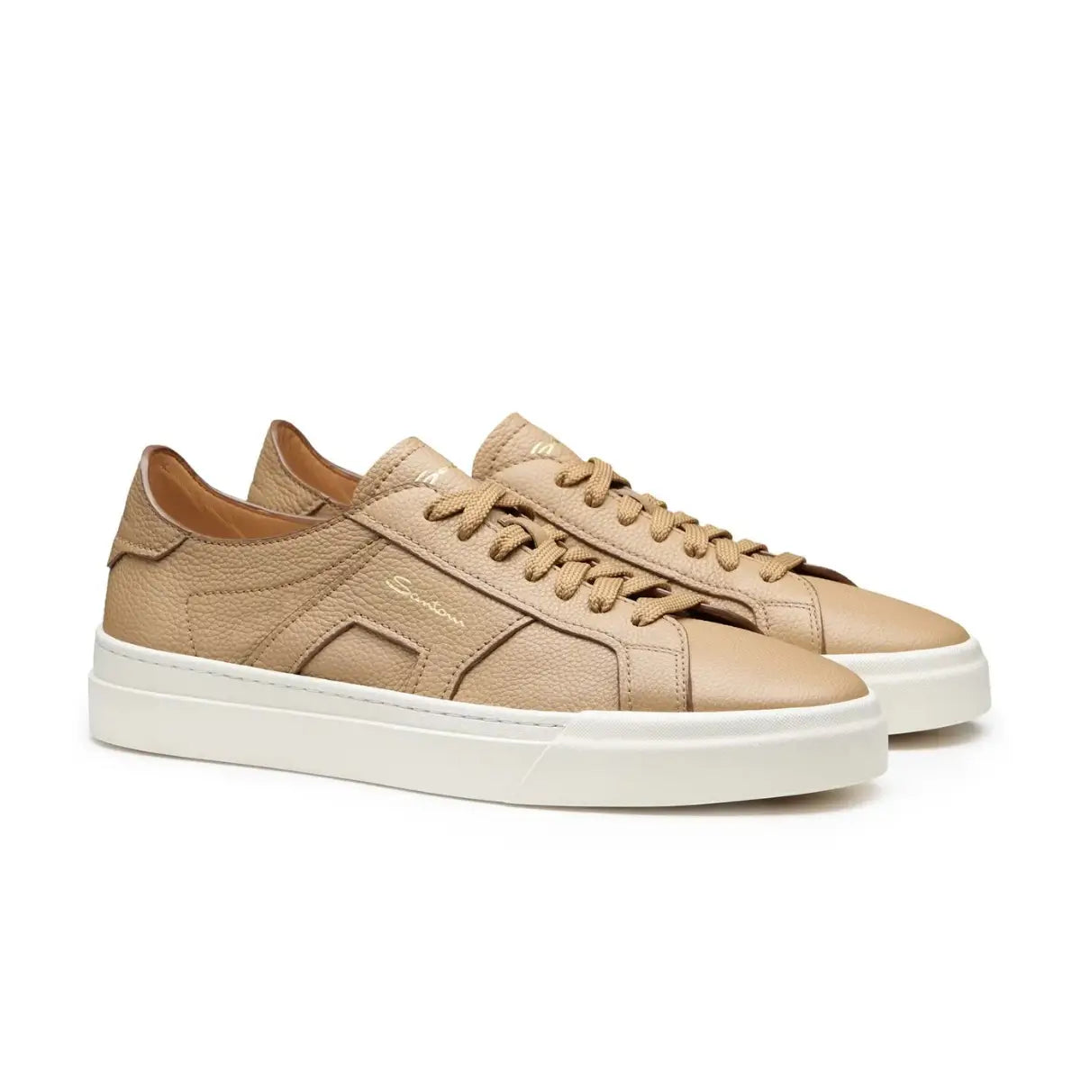 Santoni Men's beige tumbled leather Double Buckle Sneaker