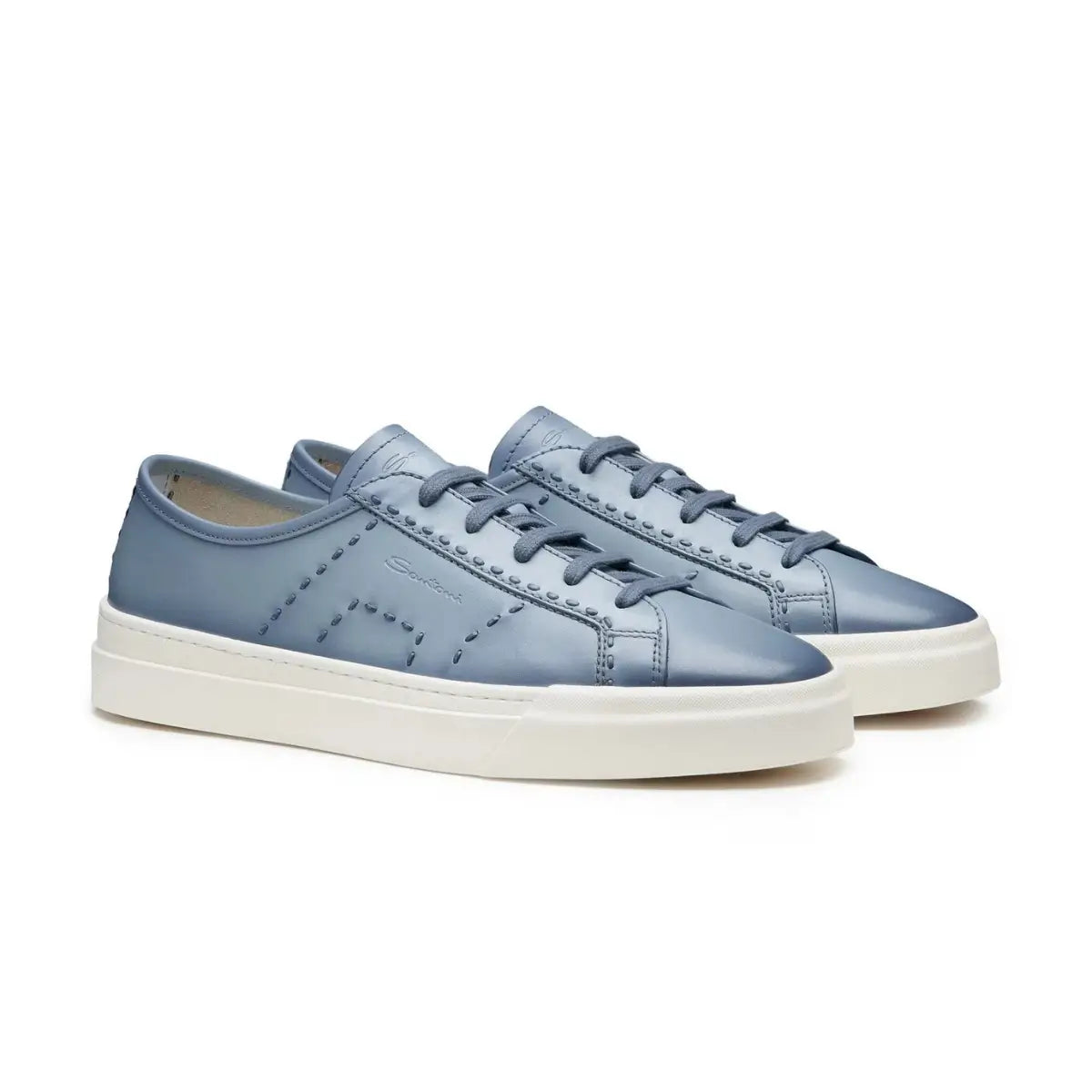 Santoni Men's light blue leather Double Buckle Sneaker