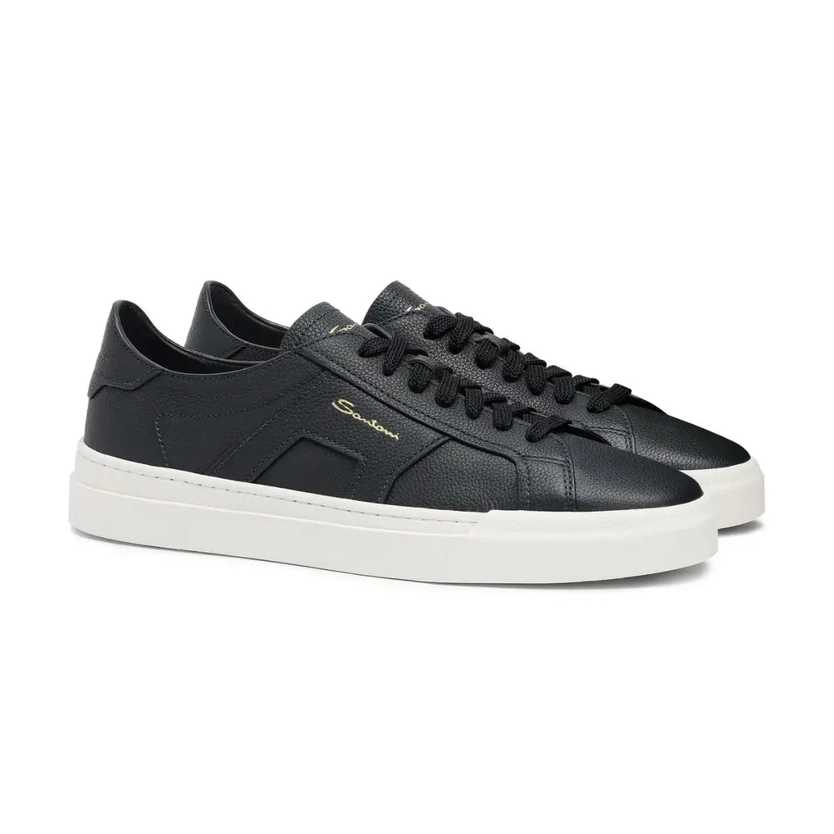 Santoni Men's blue tumbled leather double buckle sneaker