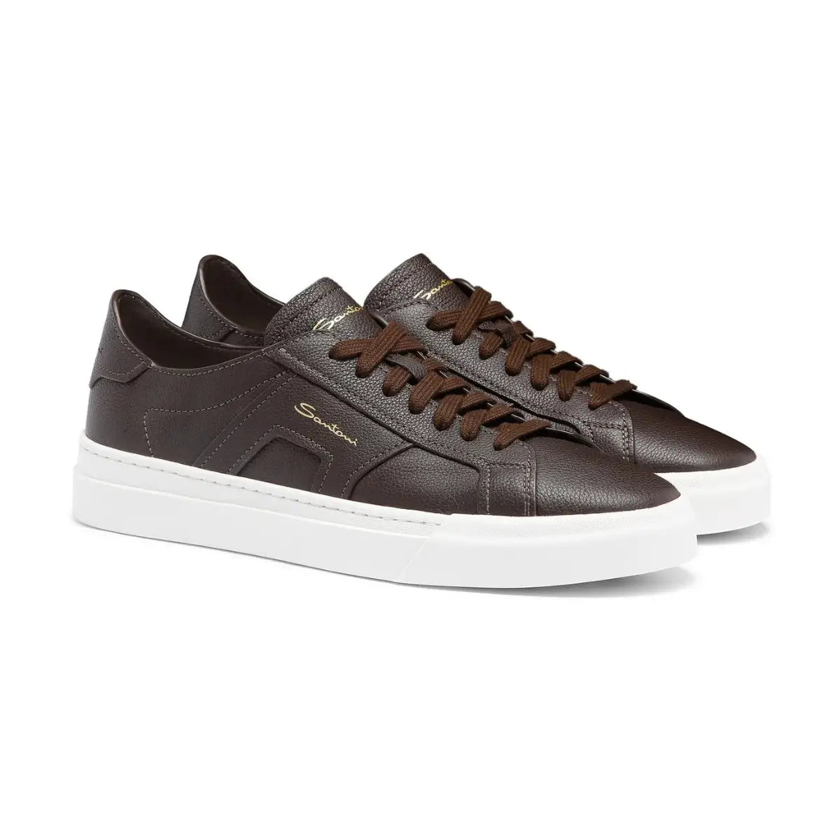 Santoni Men's dark brown tumbled leather Double Buckle Sneaker