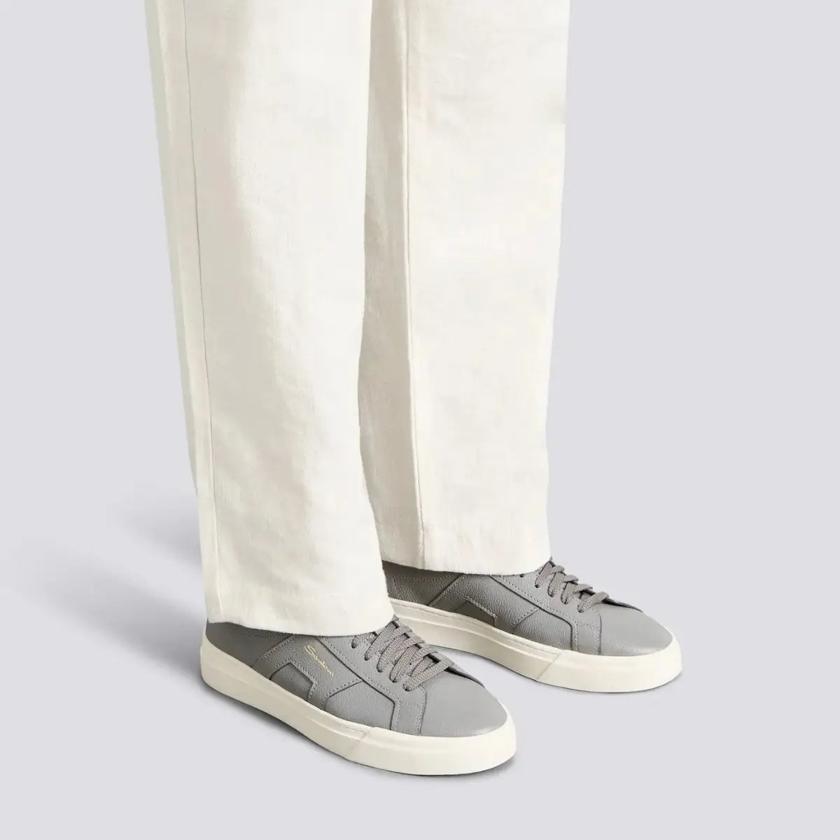 Santoni Men's grey tumbled leather Double Buckle Sneaker