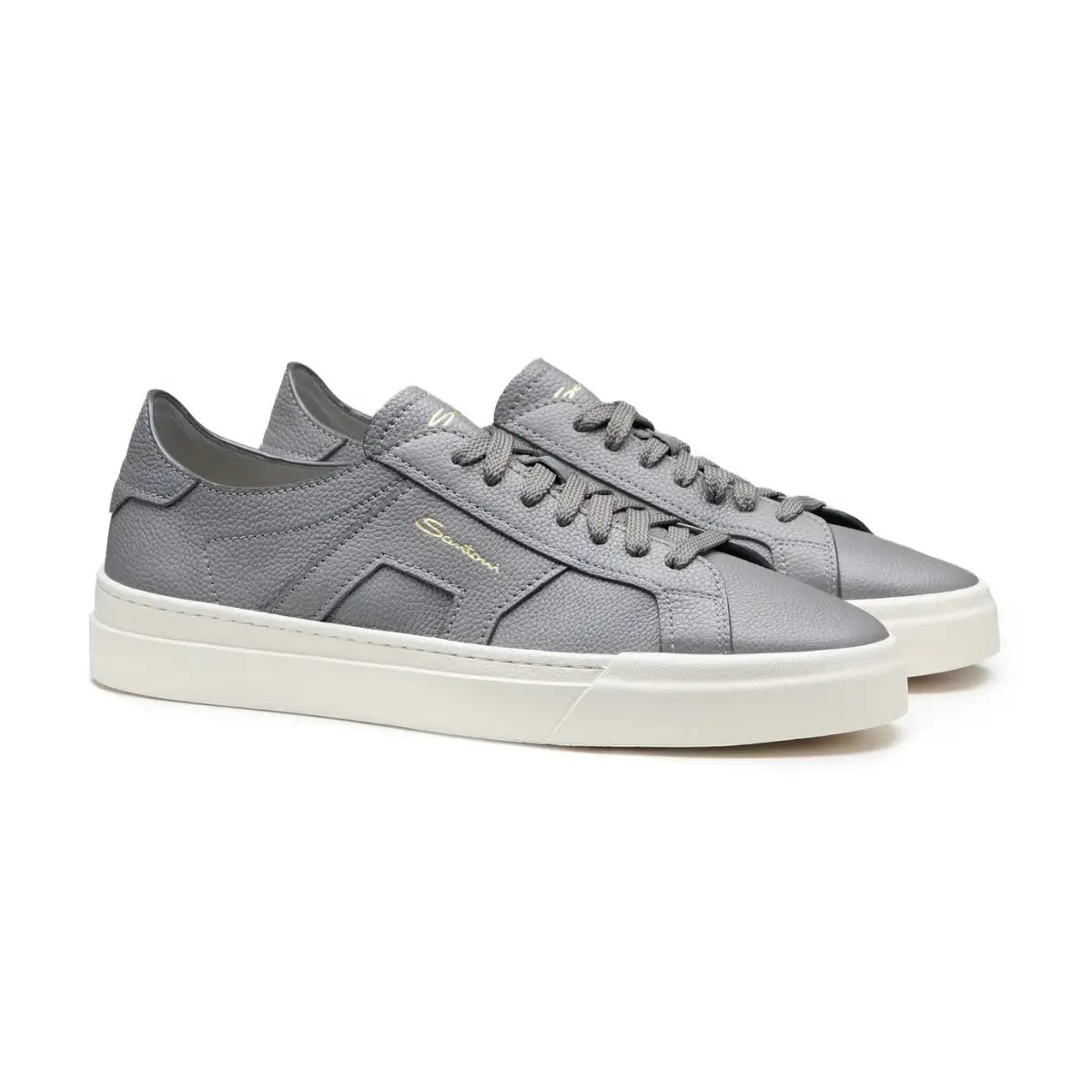 Santoni Men's grey tumbled leather Double Buckle Sneaker