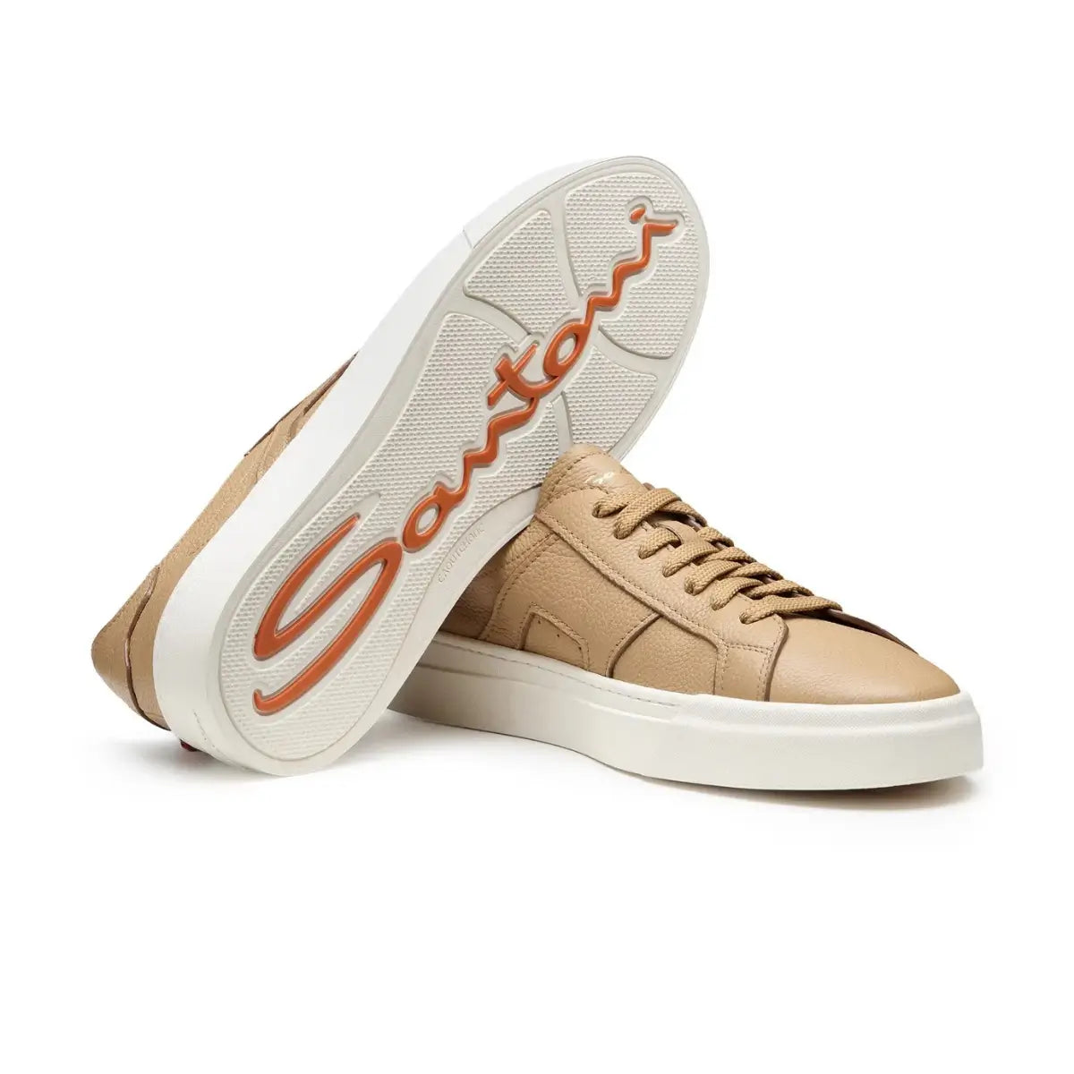 Santoni Men's beige tumbled leather Double Buckle Sneaker