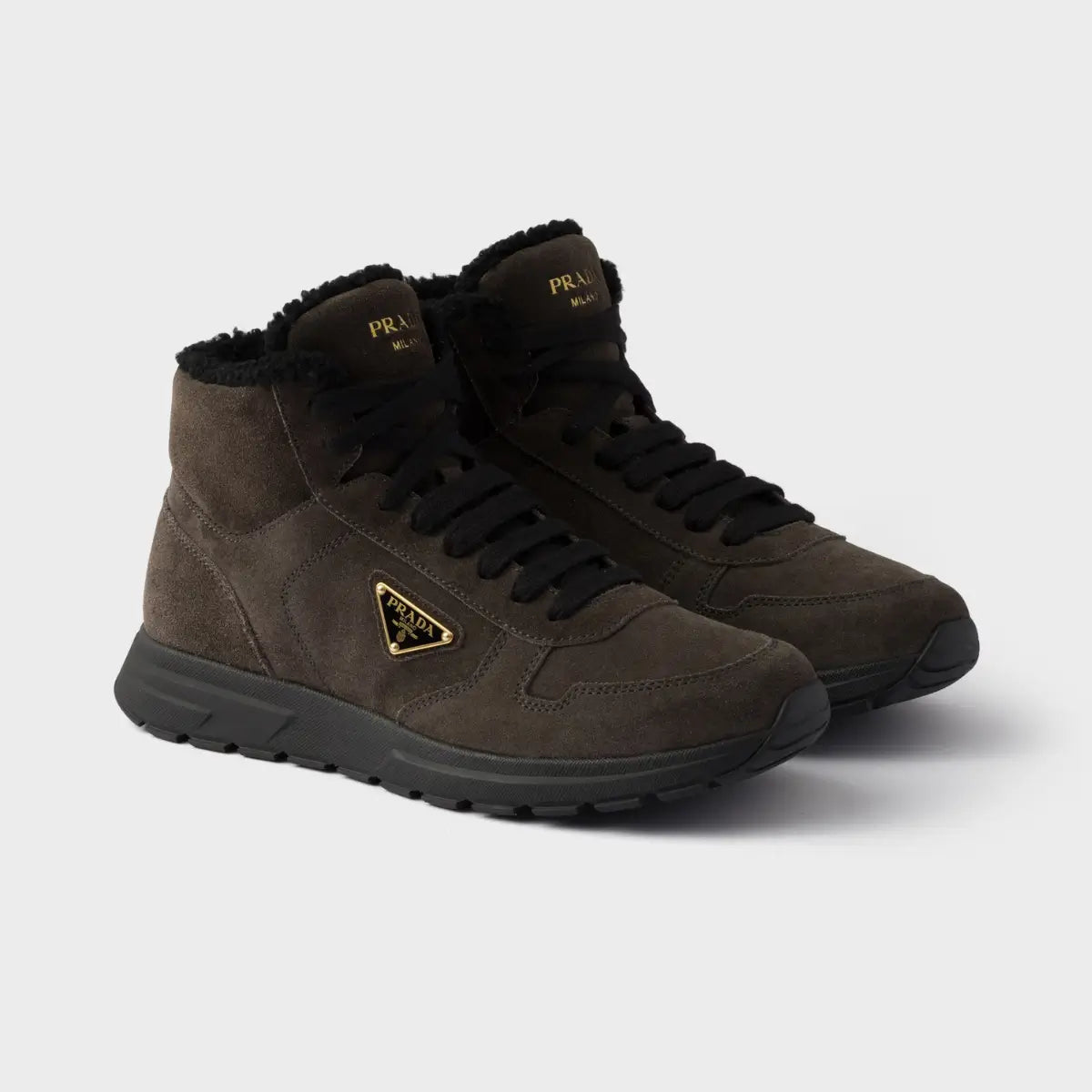 Prada Prax high-top suede and shearling sneakers