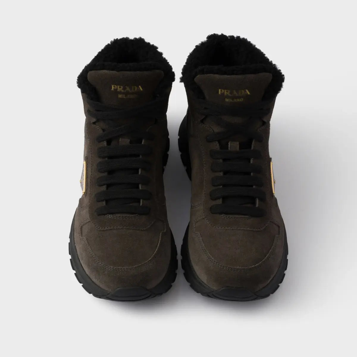 Prada Prax high-top suede and shearling sneakers